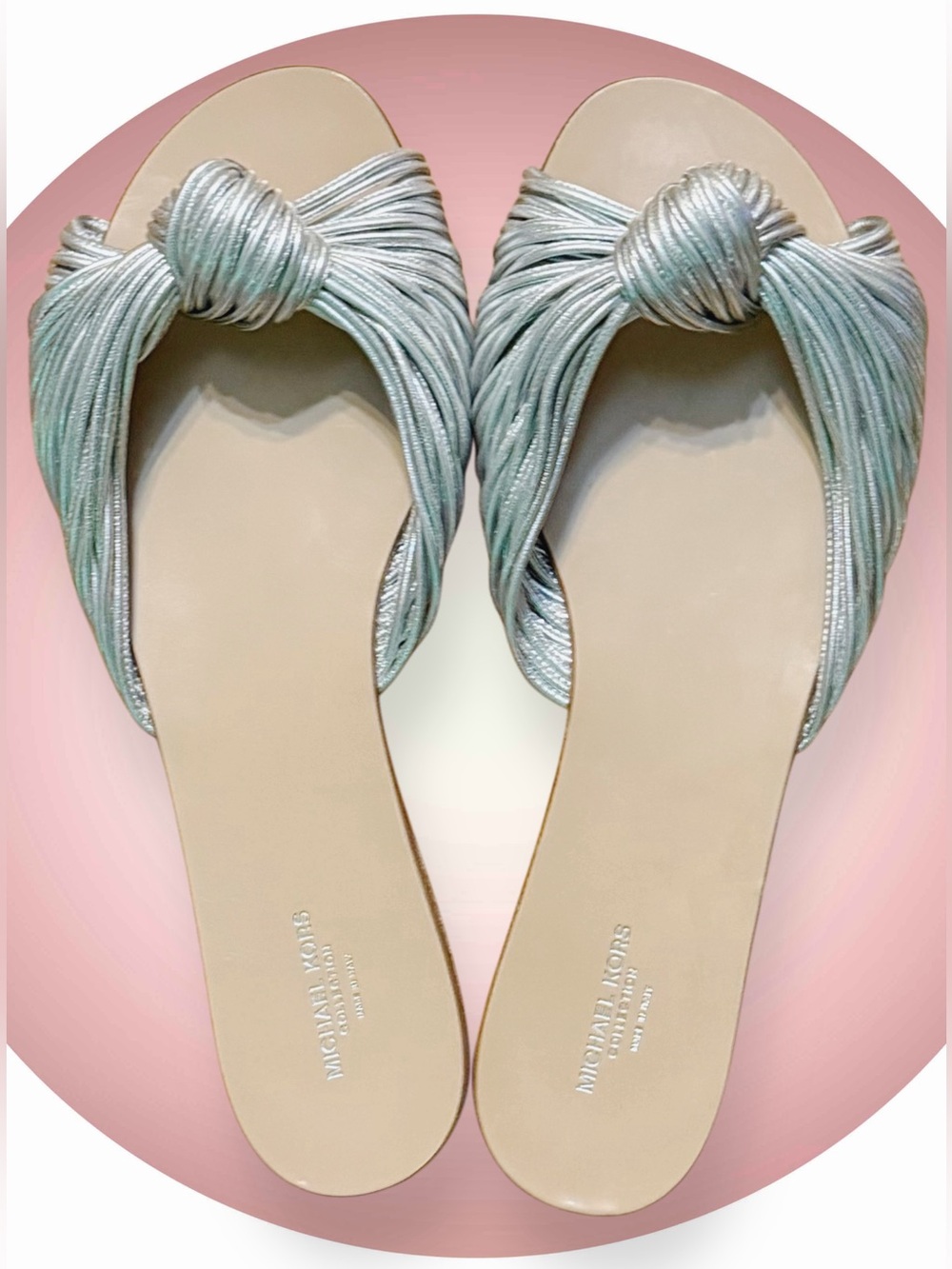 Michael Kors Metallic Silver Knotted Slide Sandals Made in Italy USA size 10